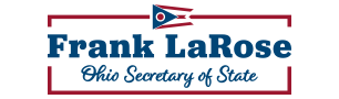 Image is logo with Frank LaRose’s name in bold letters with Ohio Secretary of State written directly beneath and the seal of the Secretary of State of Ohio directly to the right.